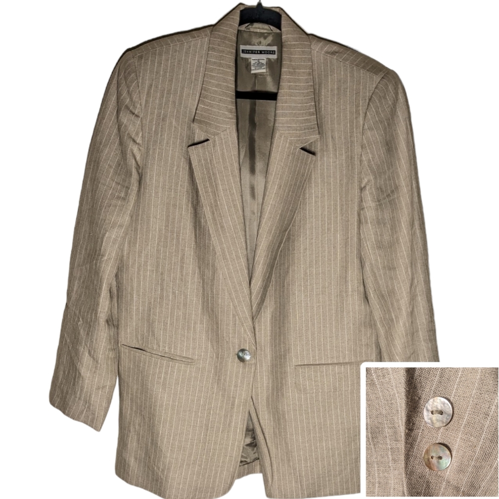Linen Minimalist Pinstripe Blazer with Abalone Shell Buttons